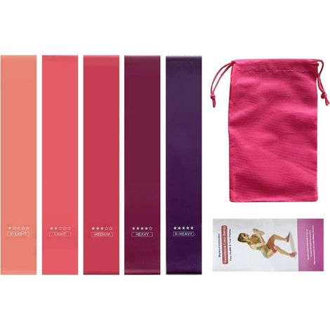 Ensemble de cinq bandes de résistance rose-violettes, idéal pour la kinésithérapie et les exercices, avec sac de rangement. (1/4)