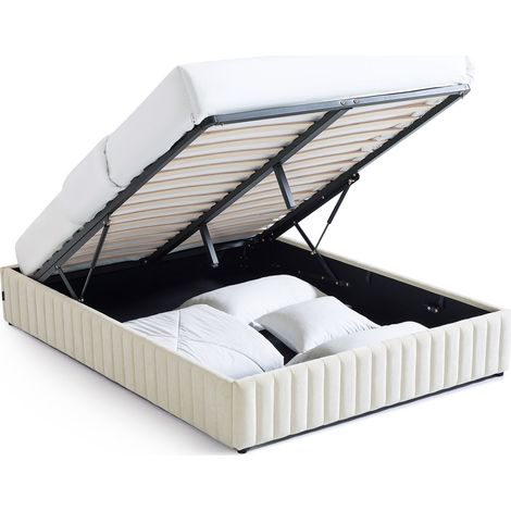 Lit coffre adulte 160x200 cm en tissu chenille beige - Balto (1/5)