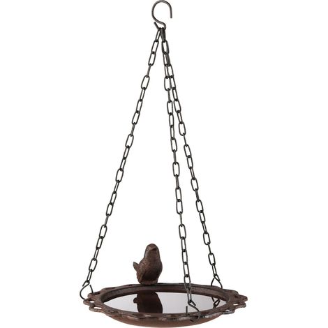 Gusseisen Hänge-Wassertränke VOGEL antik braun - Ø 19 cm - Vogelbad mit Kette zum Hängen