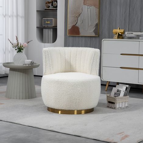 Silla, rotación de 360°, sillón, silla giratoria redonda, Tela de osito de peluche, blanco (1/5)