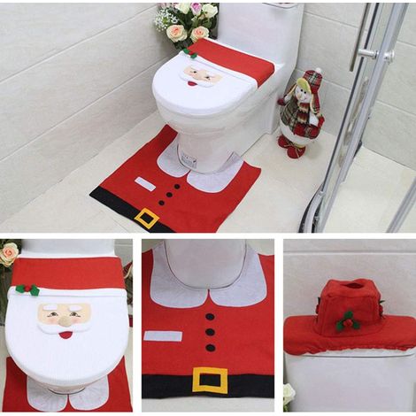 Décoration Noël Nouveauté 3pc Housse siège toilette fête Noël,motif Noël anti-moisissure imperméable à l'eau salle bain Housse siège toilette Coussin pied et ensemble couverture réservoir d'eau GROOFO (1/5)