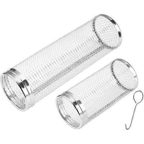 Panier à griller à roulettes, filet à griller pour légumes en extérieur, cylindre en treillis métallique en acier inoxydable pour barbecue (grand + petit) (1/5)