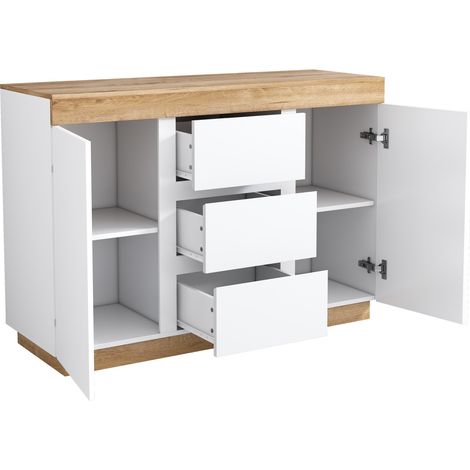 Commode avec 3 tiroirs et 2 portes en panneau de particules E1 blanc et chêne pour chambre et salon (1/5)