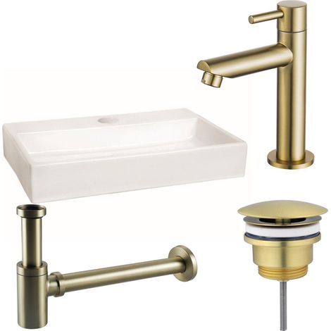 FugaFlow Eccelente Arredo Pack Lave-mains - 38x7x24cm - 1 trou de robinet - céramique - robinet Laiton brossé - Blanc