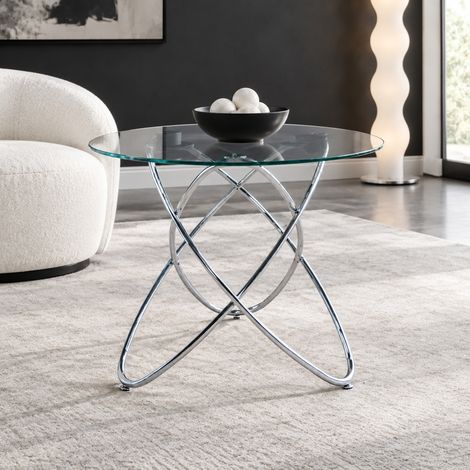Mesa de comedor redonda de 80 cm en vidrio templado con patas de metal cromado DESVIAE (1/5)