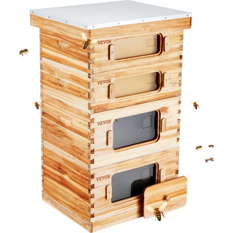 VEVOR Bienenstock, 40 Rahmen, Zander Beute, mit Bienenwachs beschichtetes Zedernholz, 2 tiefe + 2 mittelgroße Bienenkästen, Langstroth-Bienenstock-Set, transparente Acrylfenster mit Fundamenten (1/5)
