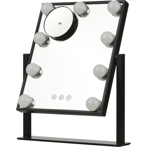 Miroir de maquillage avec 9 ampoules, commande tactile, 3 modes d'éclairage de couleur, miroir lumineux à intensité variable avec grossissement 10x amovible pour coiffeuses et studios. (1/4)