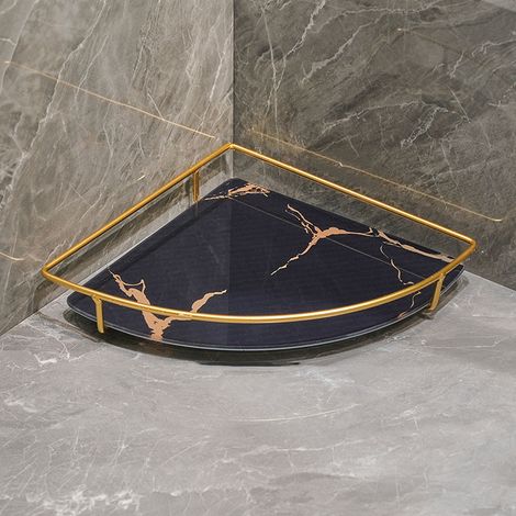 Étagère triangulaire à motifs noirs et dorés pour rangement de produits cosmétiques dans la salle de bain, avec plateau et étagère d'angle. (1/5)