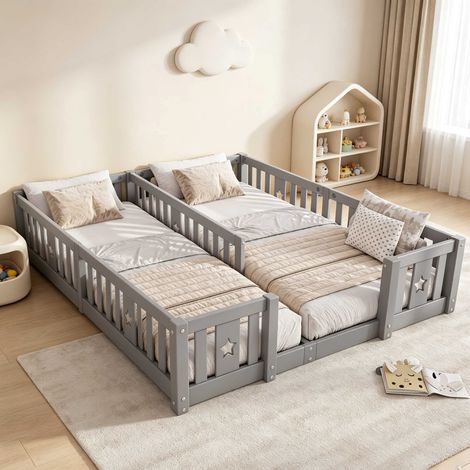 Cama infantil de 90 x 200 cm – Barandillas de seguridad integradas – Cabecero con estantería – Diseño de estrellas – Base de láminas – Madera maciza gris (1/5)