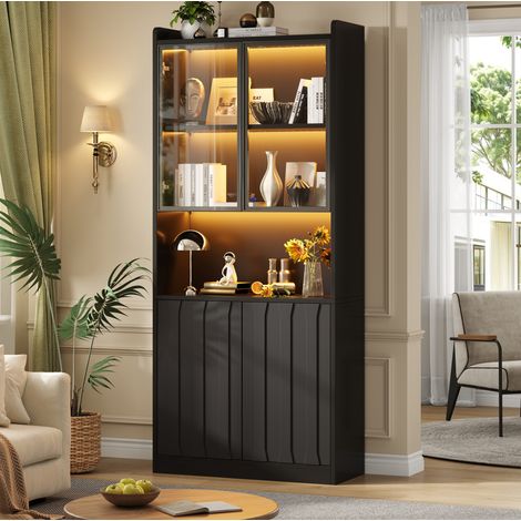 Vitrina alta (80x35x200 cm), con puertas de vidrio templado, estantes ajustables, LED Bluetooth, aglomerado, negro (1/5)