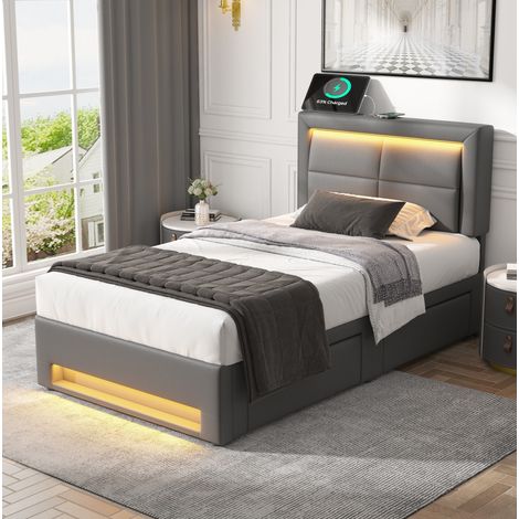 Lit rembourré moderne 90x200 cm en PU gris avec tête de lit, USB, LED et 4 tiroirs (1/5)