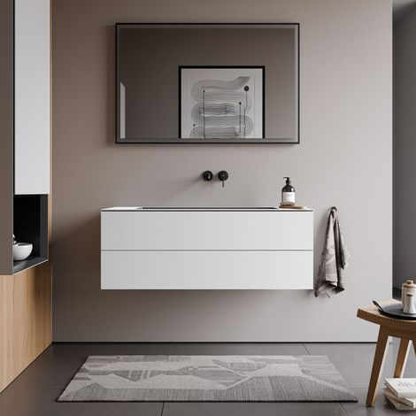 BERNSTEIN - Meuble vasque suspendu MDF Blanc laqué, lavabo en Fonte Anthracite mat, 2 tiroirs poussoirs & Soft-Close - 120x52x45cm - ARCTIC