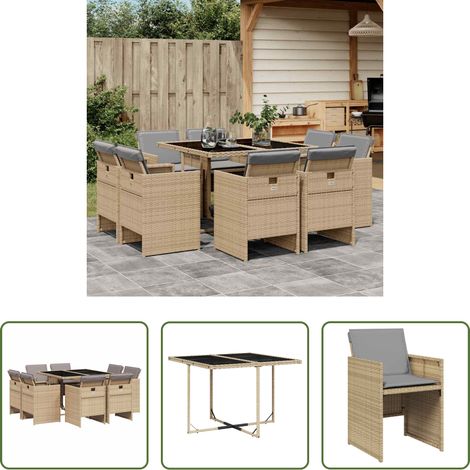 Gartentisch - 9-tlg. Garten-Essgruppe mit Kissen Beigemischung Poly Rattan (1/5)