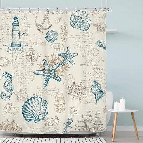 Rideau De Douche Nautique - 152 X 183 Cm - Motif Coquillages Phare Boussole - Polyester Imperméable - Pour Salle De Bain - 1 Pièce (1/4)
