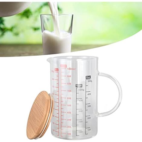 Tasse à mesurer en verre borosilicate de 1000 ml avec couvercle, bec verseur en V, graduation transparente et prise en main confortable. (1/5)