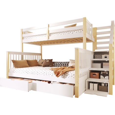 Lit superposé 90x200 sur 140x200 avec tiroirs de rangement, échelle latérale, barrière de sécurité, sans matelas, blanc et bois naturel CHICFURN (1/5)