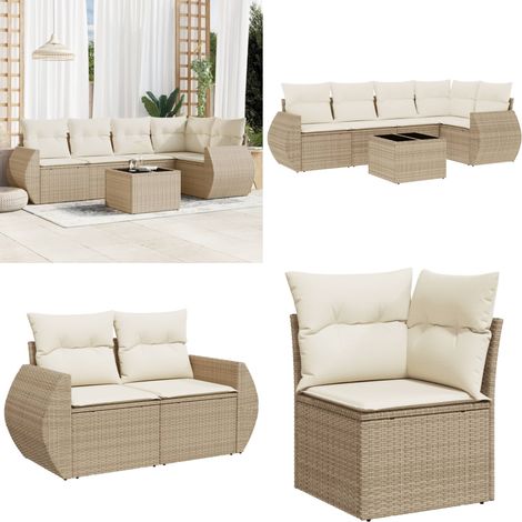 6-tlg. Garten-Sofagarnitur mit Kissen Beige Poly Rattan - Gartenmöbel Set - PE-Rattan Möbel - Outdoor Lounge - Esstisch Set - Gartenlounge - Home & Living (1/5)