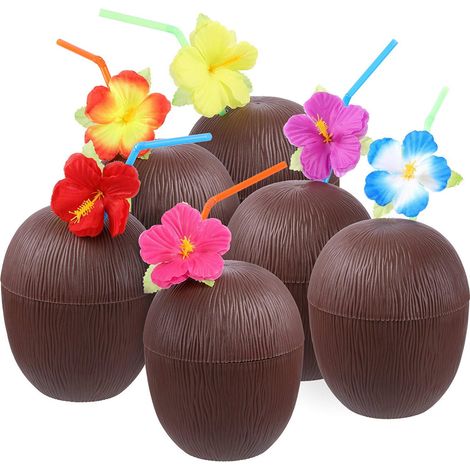 Lot de 6 gobelets en noix de coco pour cocktails, ambiance hawaïenne, bouteilles en plastique 56 g (1/5)