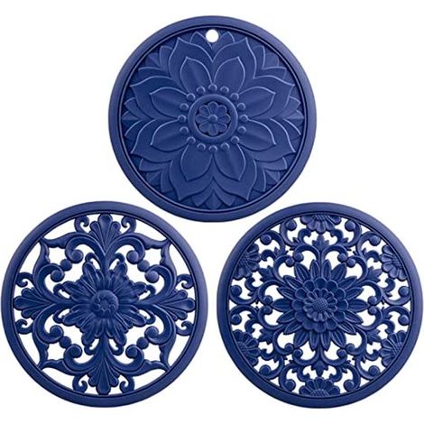 Sottobicchieri in silicone, tappetini resistenti al calore, protezioni per la cucina, con motivo antiscivolo, set da 3, blu (1/5)