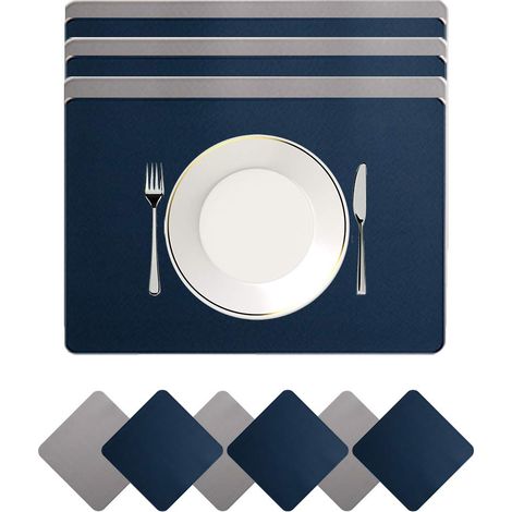 Lot de 6 sets de table, dessous-de-plat, lavables, en cuir, double, épais, 45 x 30 cm, pour la maison, la cuisine, le restaurant et l'hôtel, bleu et gris clair (1/5)