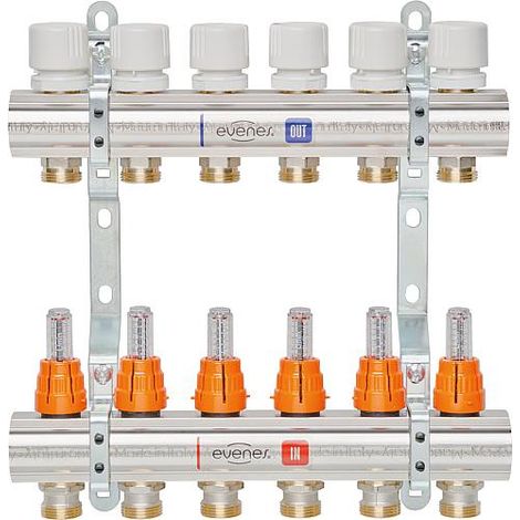 Repartiteur de chauffage EVENES Type M6.12, DN25(1") laiton 12 circuits, avec debitmetre