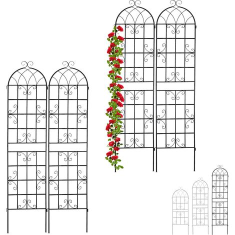 Set de 4 Soportes Plantas Metálicos, con Estacas, Enrejado para Trepadoras, 220 x 50 cm, Jardín, Negro