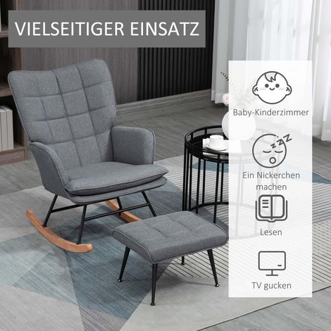Fauteuil à bascule 130 kg, chaise berçante en lin avec repose-pieds, fauteuil relaxant à accoudoirs pour salon et chambre, ensemble 2 pièces. (1/5)