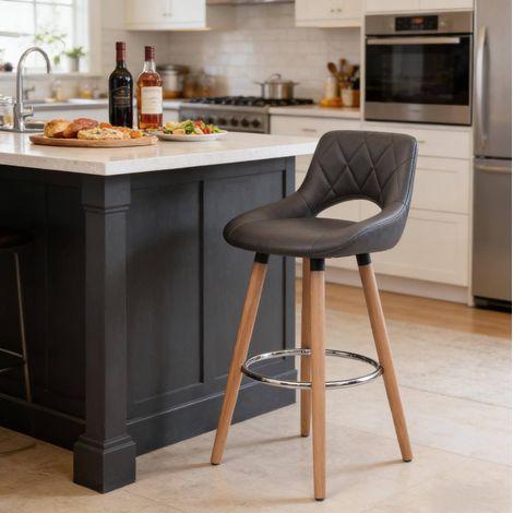Taburete de bar moderno con respaldo, asiento de polipiel, patas de madera, gris HAVRYA (1/5)