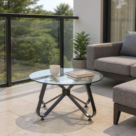 Tables de bistrot pour Jardin, Ronde Minimaliste en Verre Trempé Top avec Bords Arrondis Lisses, Table Basse en Métal pour Jardin/Balcon/Terrasse/Bistrot/Patio, 80 x 80 x 40 cm (1/5)