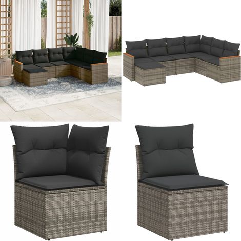 Salon de jardin avec coussins 7 pcs gris résine tressée - Salon De Jardin - Mobilier Extérieur - Set Salon - Résine Tressée - Rotin Synthétique - Home & Living (1/5)