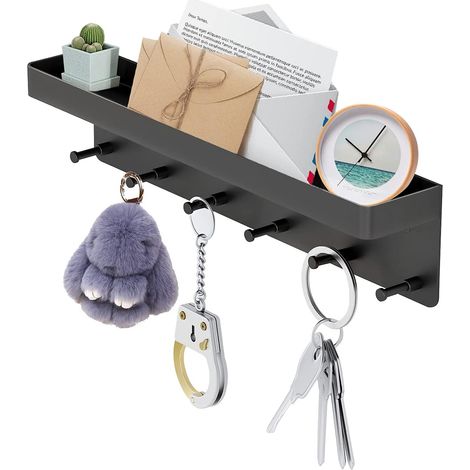 Porte-clés multifonction avec étagère de rangement à fixer au mur, noir - Sans perçage - Porte-clé innovant pour derrière la porte - Pour chambre à coucher, salon (1/5)