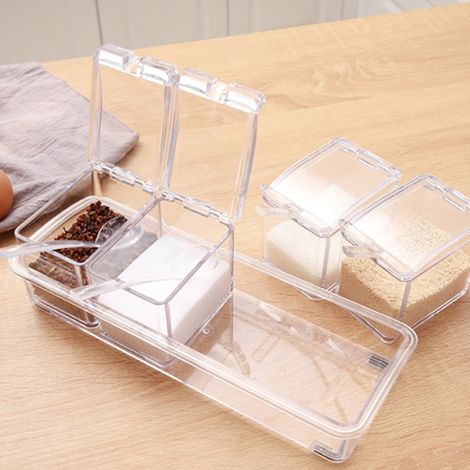 Set aus 6 durchsichtigen Gewürzgläsern mit 4 Messlöffeln, Küchenbehälter für Lebensmittel, wiederverwendbare Gewürzbox. (1/5)
