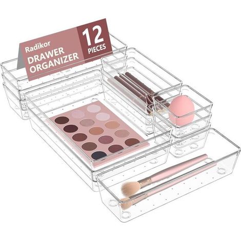 Lot de 12 Organisateurs de Tiroir, Rangement Tiroir en Plastique Transparent, Bacs de rangement avec 4 Tailles pour salle de bain, coiffeuse, Cuisine et Bureau