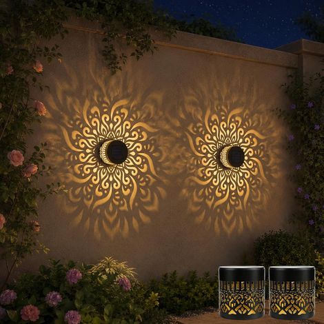 Set mit 2 Solar-Metallzaunleuchten, solarbetrieben, für den Außenbereich, Wandleuchten für Terrasse, Mandala-Motiv, wasserdicht, Zaunbeleuchtung für Garten, Pfosten, Terrasse (1/5)