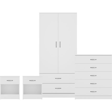 Riano 4 Piece Bedroom Set (1 Drw Bedside Chest, 5 Drw Chest, 2 Dr 2 Drw Wardrobe), White (1/3)