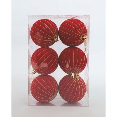 Set mit 6 roten Samt-Weihnachtskugeln mit goldenen Streifen Ø8 cm