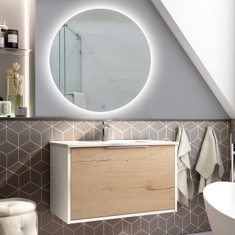 Meuble de salle de bain simple vasque - 1 façade et 2 tiroirs - ALBA et miroir rond SOLEN - 80cm (1/4)