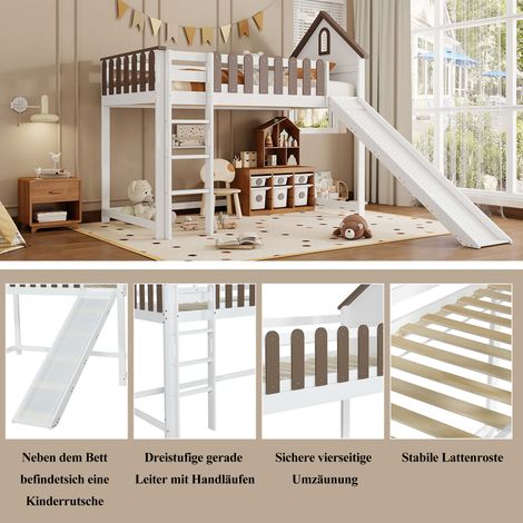 Lit mezzanine avec toit et fenêtre, échelle droite à 3 marches, lit enfant avec toboggan, pin + MDF, blanc + noyer, 90x200 cm (1/5)