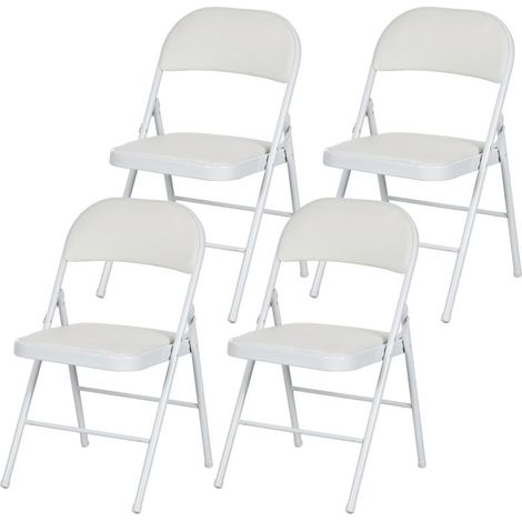 Ensemble de 4 chaises pliantes, chaises de bureau portables avec coussins, revêtement en similicuir, pieds en acier, idéales pour le bureau, la réception ou la salle d'attente, blanches. (1/5)