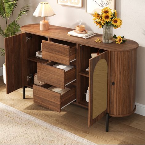 Buffet enfilade ovale 140 cm rotin MDF noyer OKMYHOME (1/5)