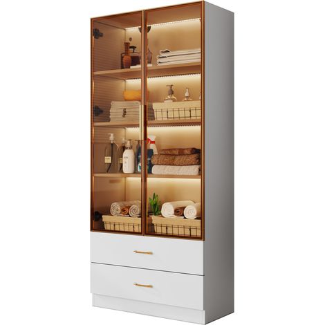 CHICFURN Armario de baño 75x34,5x170 cm MDF blanco, vidrio templado, luz y 2 cajones (1/5)