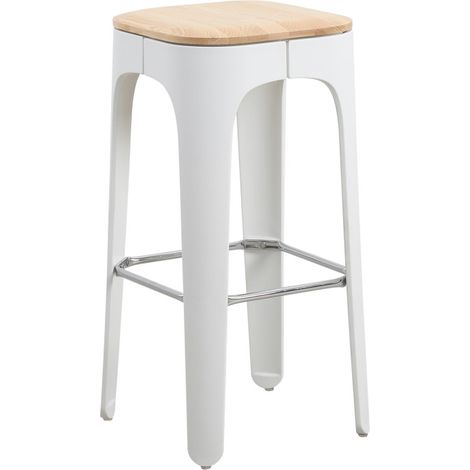 Hocker mit weißem Harzstruktur, Sitz aus hellem Holz - Höhe 72,5 cm