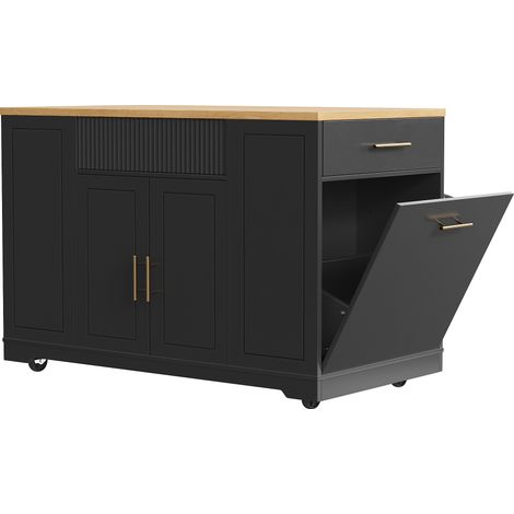 Îlot de cuisine mobile en MDF 120x50x92 cm avec rangement, poubelle intégrée, 2 portes et 3 tiroirs - Noir avec plateau effet bois (1/5)