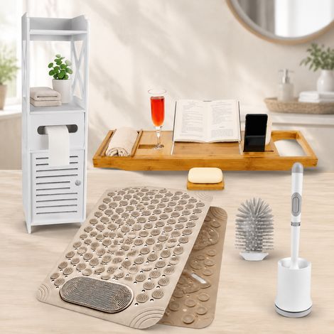 Set da bagno in bambù (4 pezzi) – Scopino per WC, pensile, vassoio da bagno e tappetino antiscivolo (1/5)