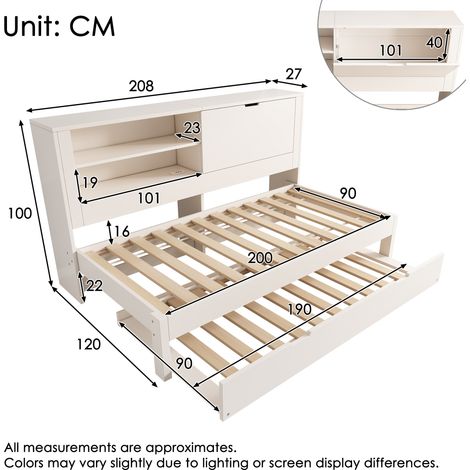 Canapé-lit simple 90x200 cm extensible 90x190,cadre blanc,panneau rangement,compartiments ouverts,USB/Type-C,base à lattes,sans matelas