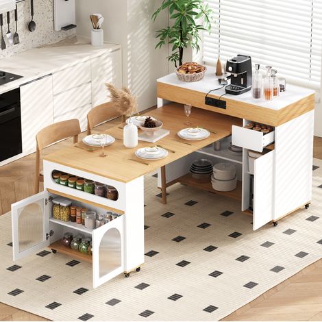 Îlot de cuisine sur roulettes avec table escamotable et prises, buffet en MDF blanc naturel (1/5)