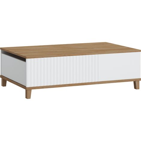 Wohnzimmer Couchtisch mit 2 Schubladen PLYMOUTH-129 in weiß mit Eiche Nb., B/H/T ca. 110/35,6/68 cm (1/4)