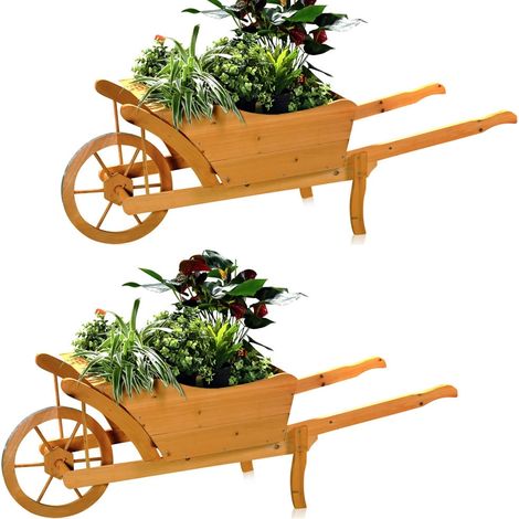 Mucola – Lot de 2 bacs à fleurs en bois d'épicéa – En forme de brouette – Dimensions 129x45x43cm – Couleur jaune-brun – Pour jardin ou terrasse (1/5)
