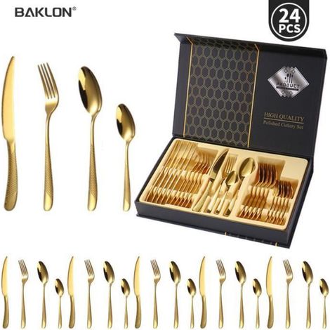 - Ensemble de couverts 24 pièces en acier inoxydable pour 6 personnes, finition or, avec coffret cadeau (1/4)