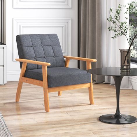 Fauteuil d'Accent Moderne Milieu Siècle Rembourré Lin Bois Massif Gris CW48624 (1/3)